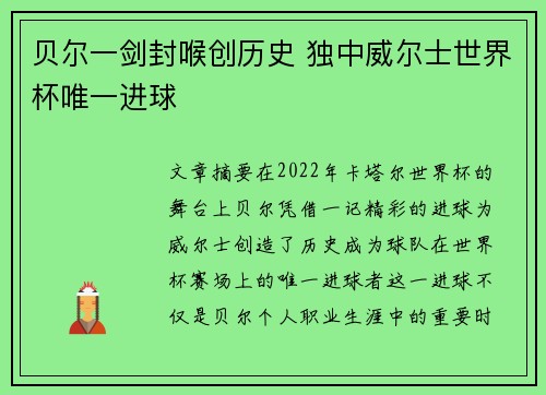 贝尔一剑封喉创历史 独中威尔士世界杯唯一进球